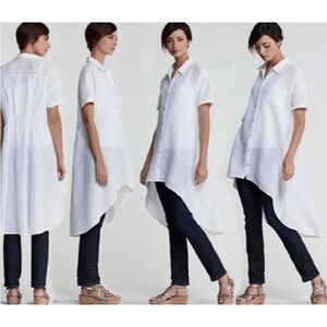 Eileen Fisher 100% Irish Linen Button Front Short Sleeve High Low Shirt Large